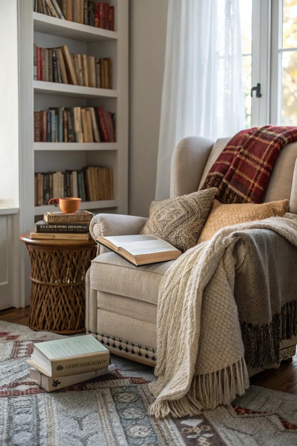 A reading nook using layered fabrics for utmost comfort.
