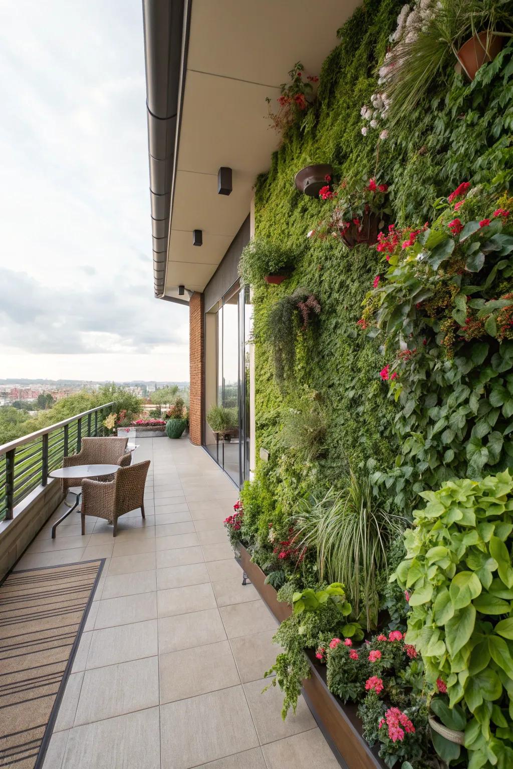 A skyward flora wall imparts life and seclusion.