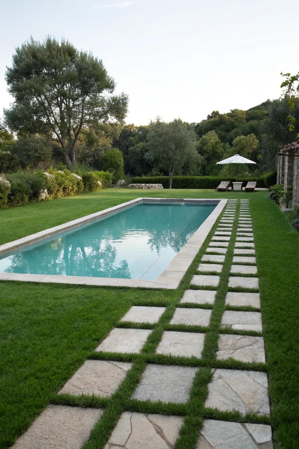 Stone routes and a crisp lawn improve the pool's style.