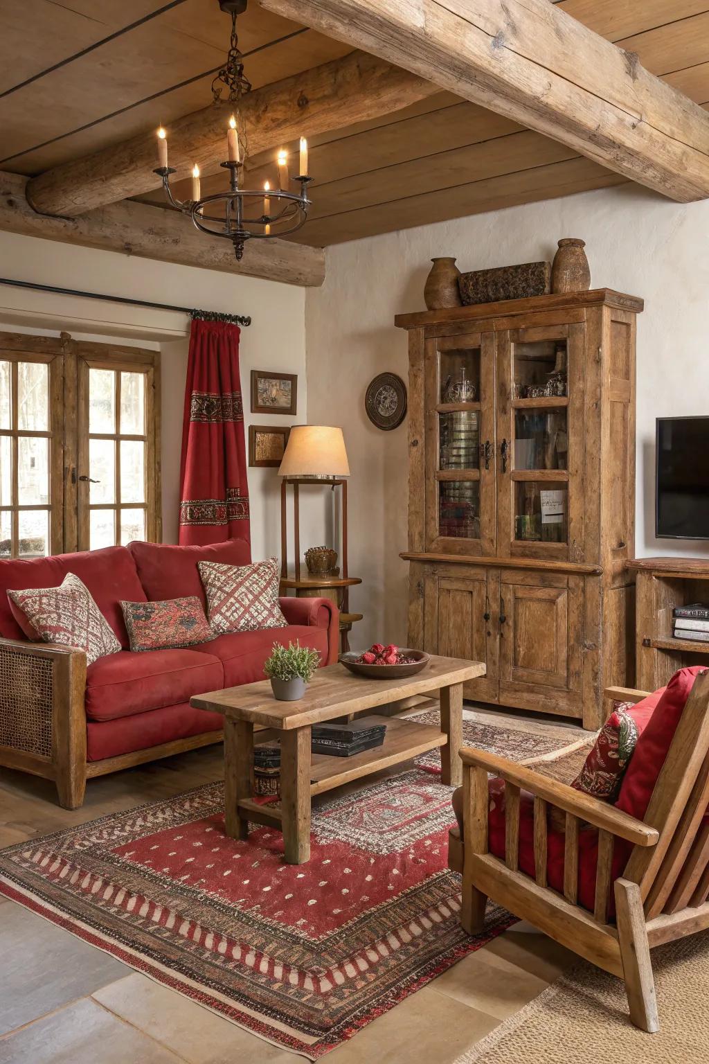 Aged scarlet accents create a vintage, slow-paced vibe.