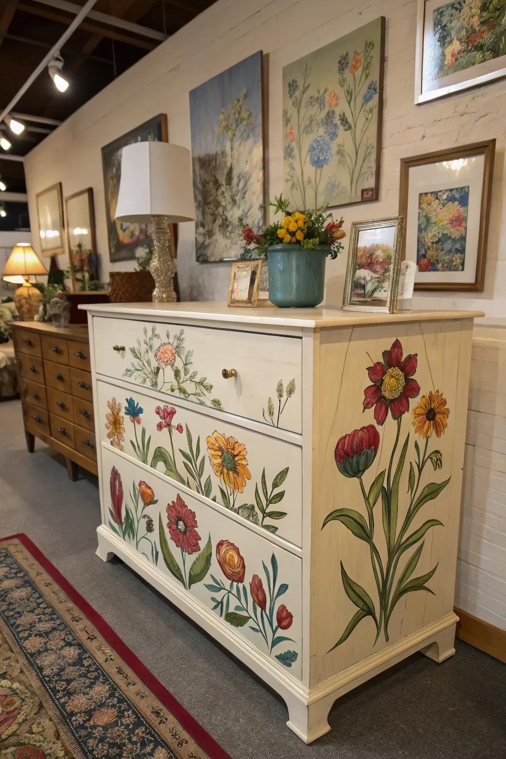 Hand-painted art turns a dresser into a masterpiece.