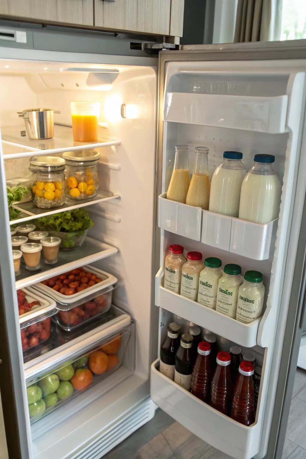 Grouping similar items makes fridge organization more streamlined.