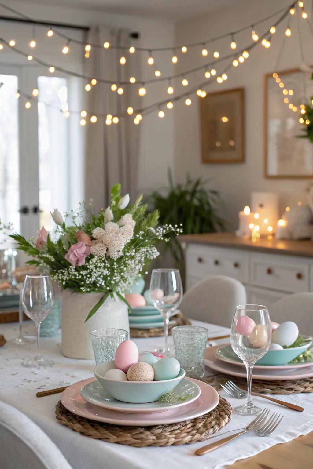 Fairy lights include a wonderful touch to the eating space.