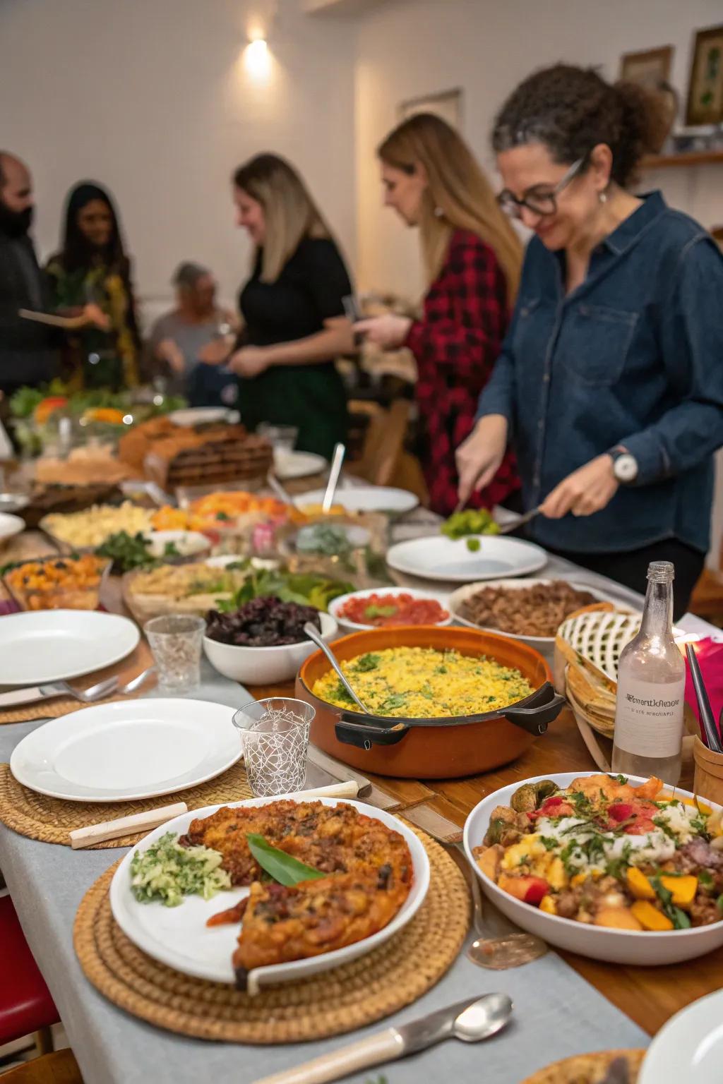 A potluck dinner showcasing a delightful assortment of dishes.