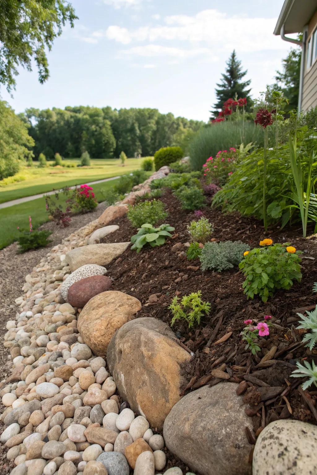 Layered stones and mulch develop a dynamic and aesthetically pleasing flowerbed.