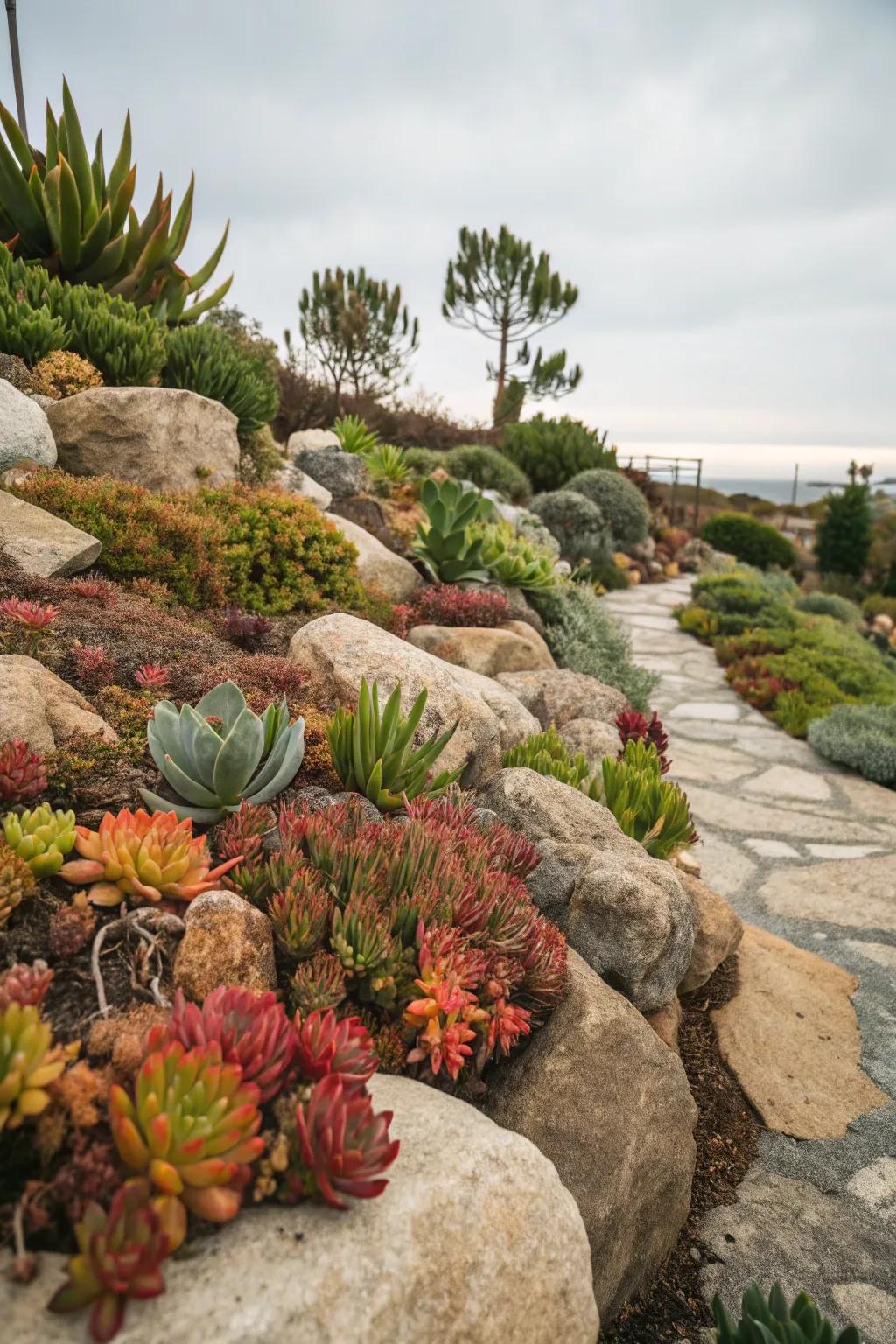 Succulents and stones fashion a dynamic and colorful display.