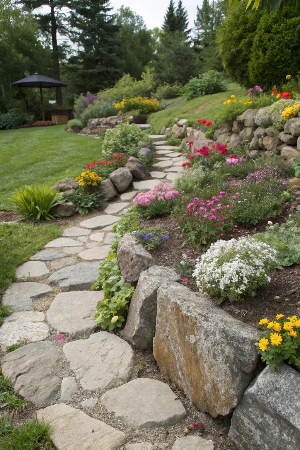 Stone perimeters elegantly defining paths and flower beds in a garden.