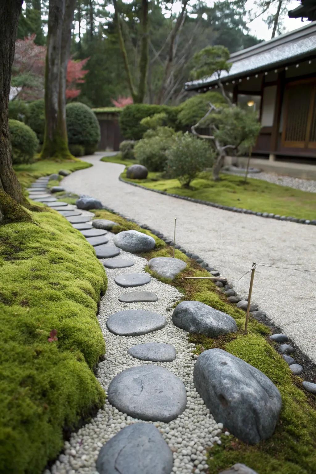 Embrace tranquility with a zen-inspired stone path.
