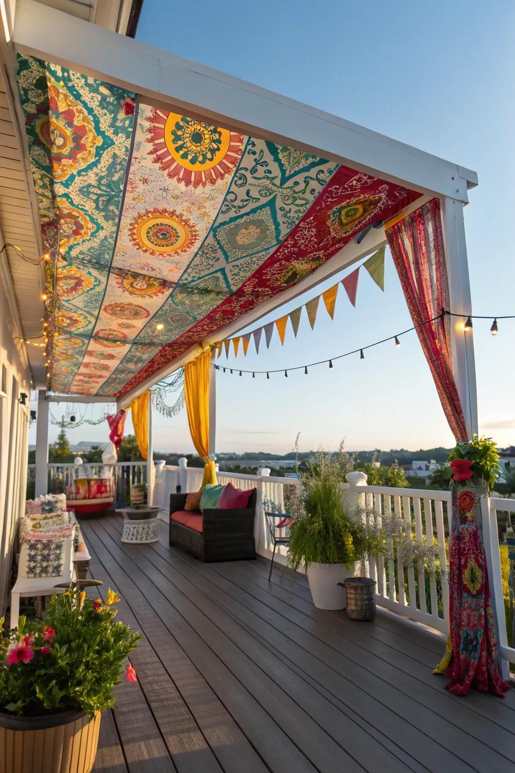 Material canopies introduce a splash of color and comfort to decks.