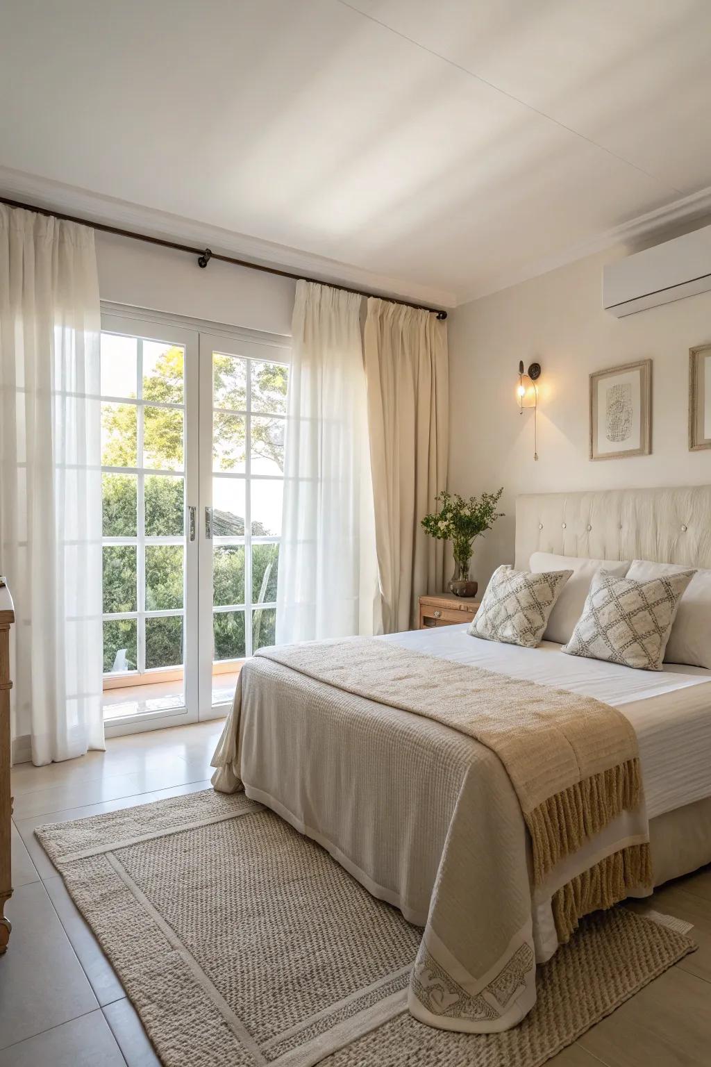 A bright and airy bedroom featuring neutral colors and cozy accents.