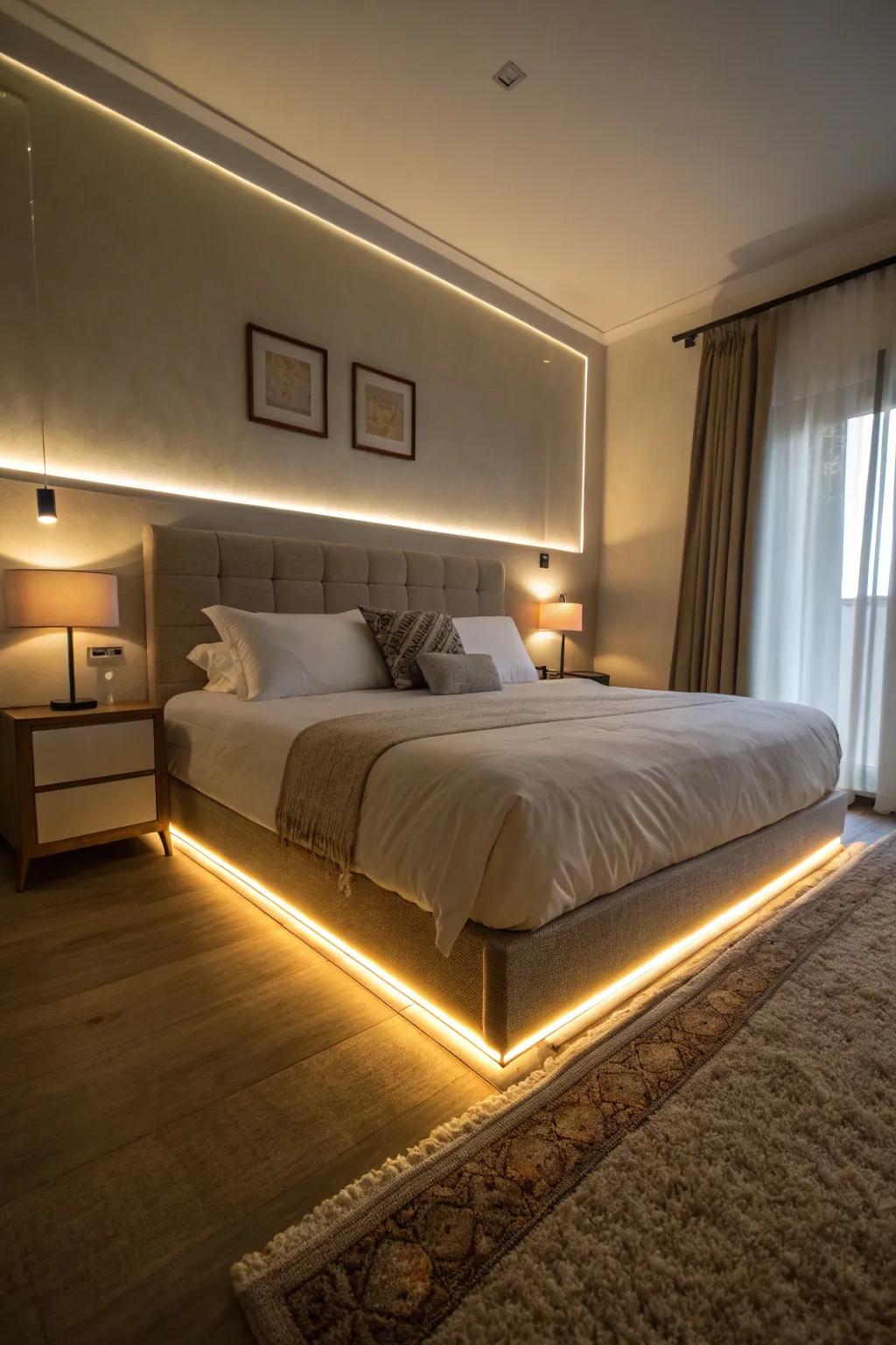 Under-bed LED strips provide a stylish and useful lighting option.