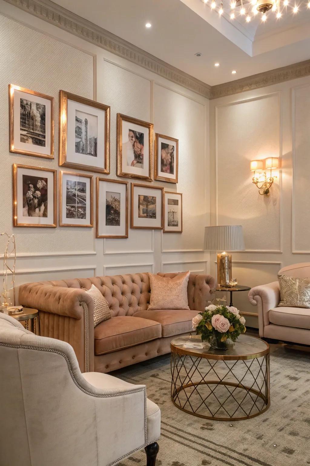 Rose gold portrait casings add a unified detail to the walls.