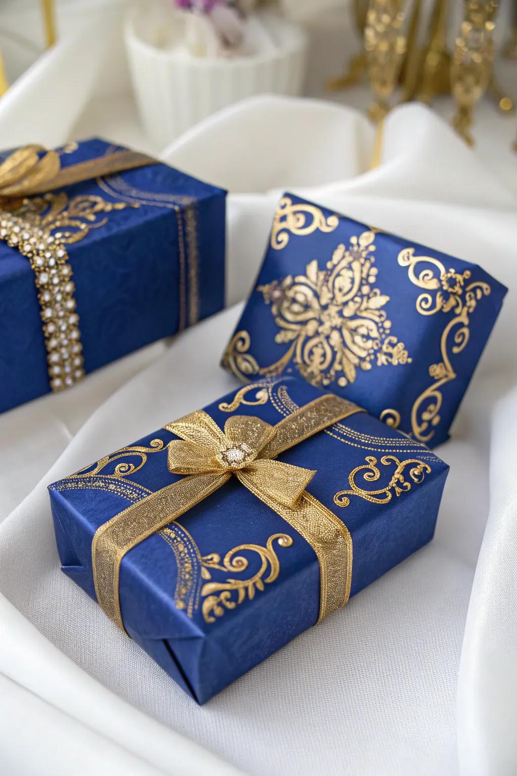 Wedding gifts wrapped in sapphire splendor for a cohesive touch.