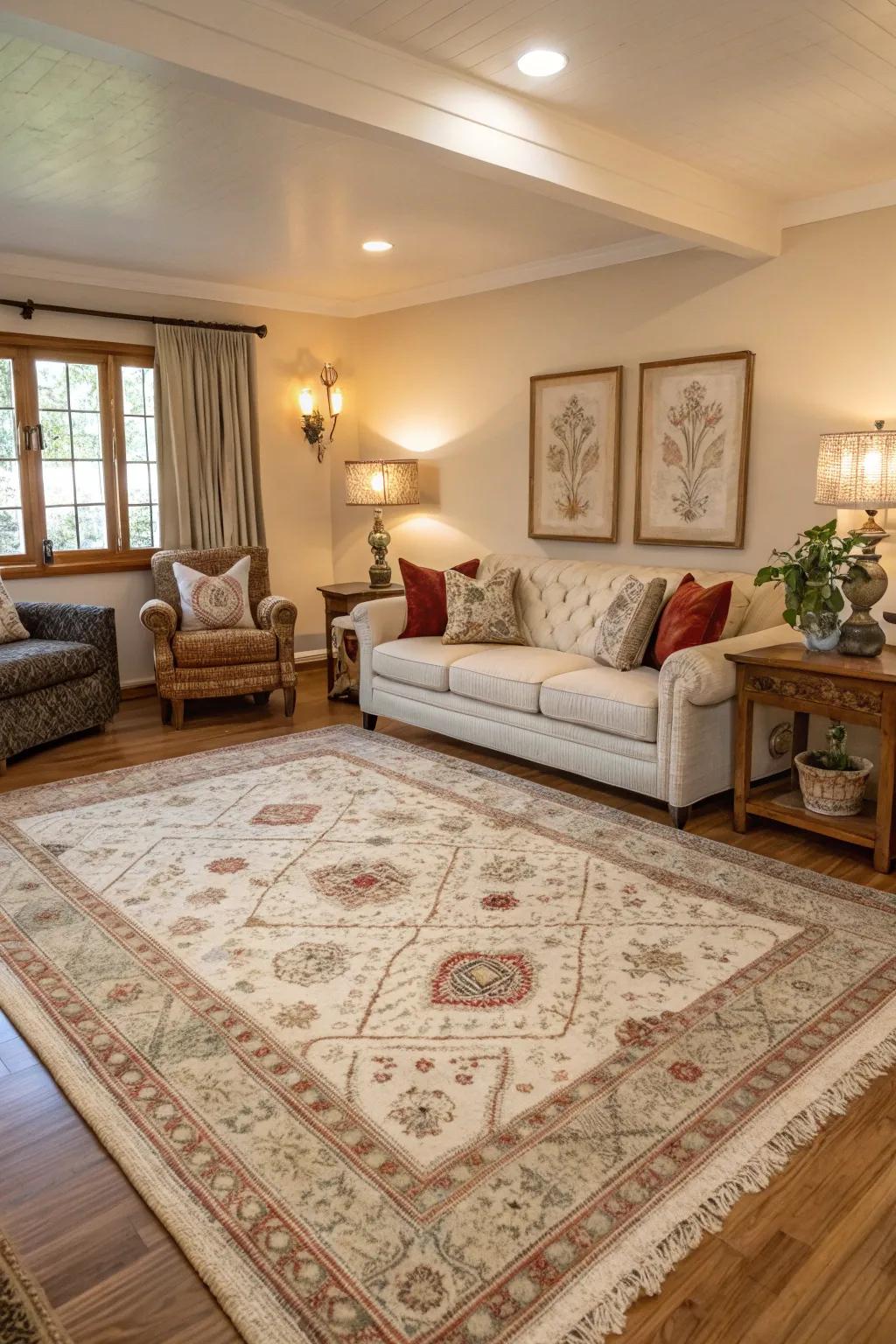 Having the right rug sizes makes a room feel balanced.