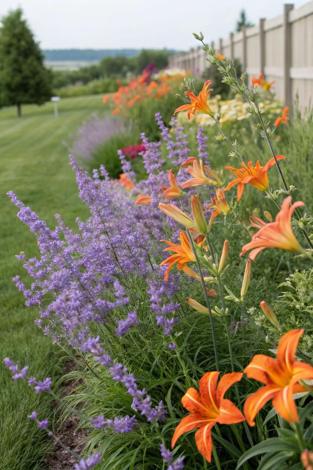 A bold and colorful garden featuring 'Silver Whisper' and sunburst lilies.