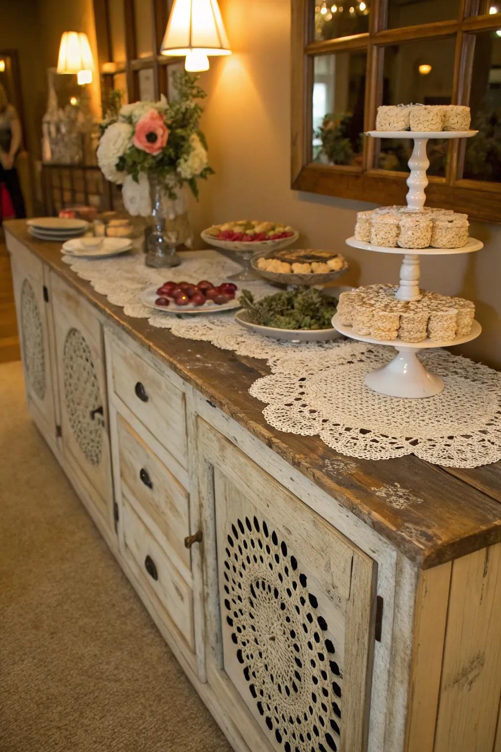 The rustic arrangement is given a nostalgic touch by antique crochet doilies.