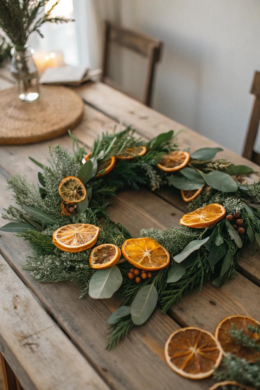 Dehydrated tangerines bring color and scent to this country-style wreath.