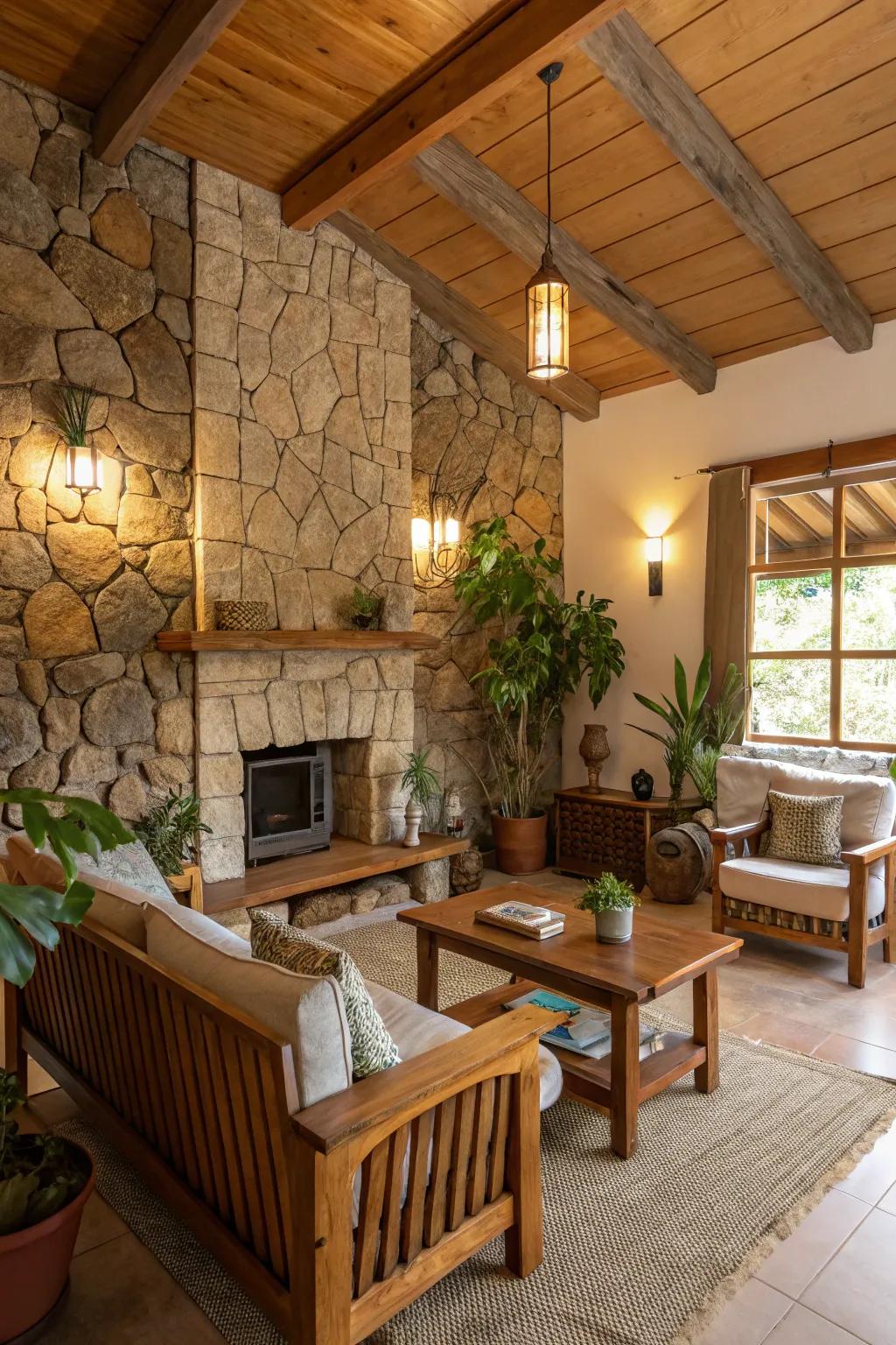 A family room showcasing a striking rockwork feature partition.