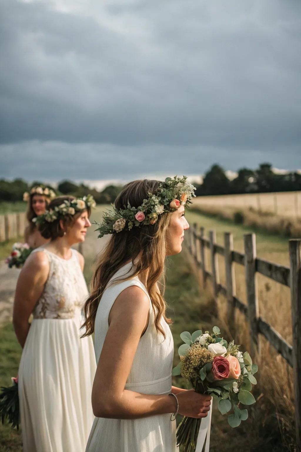 DIY blossom wreaths introduce a whimsical bohemian vibe.