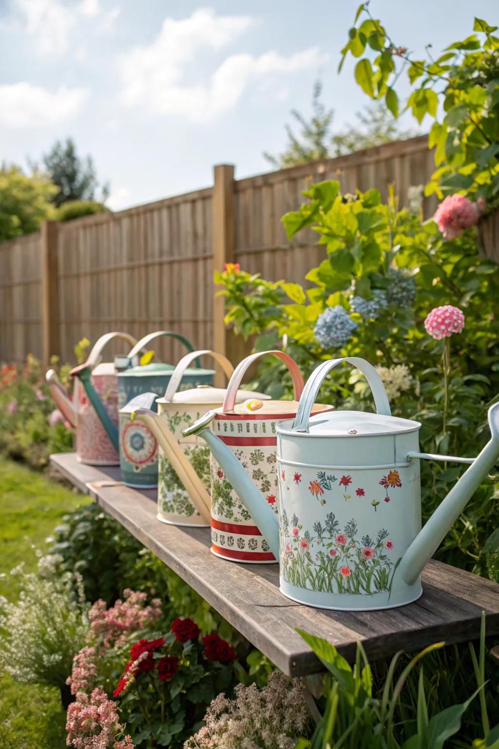 Yesteryear watering vessels injecting a nostalgic sensation into the garden.