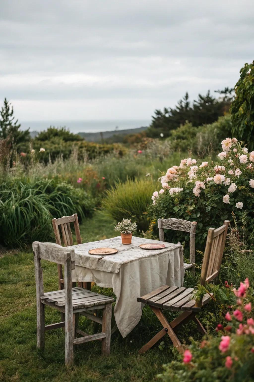 Aged furniture bringing timeless charm to the garden.
