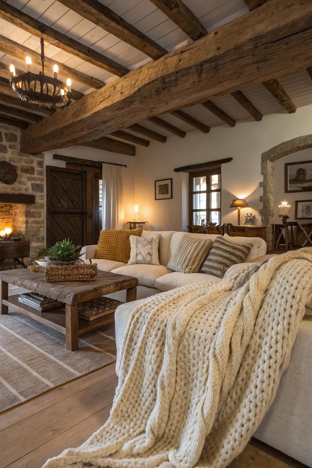 Coarse weave throws proffer cordiality and snugness to rustic interiors.