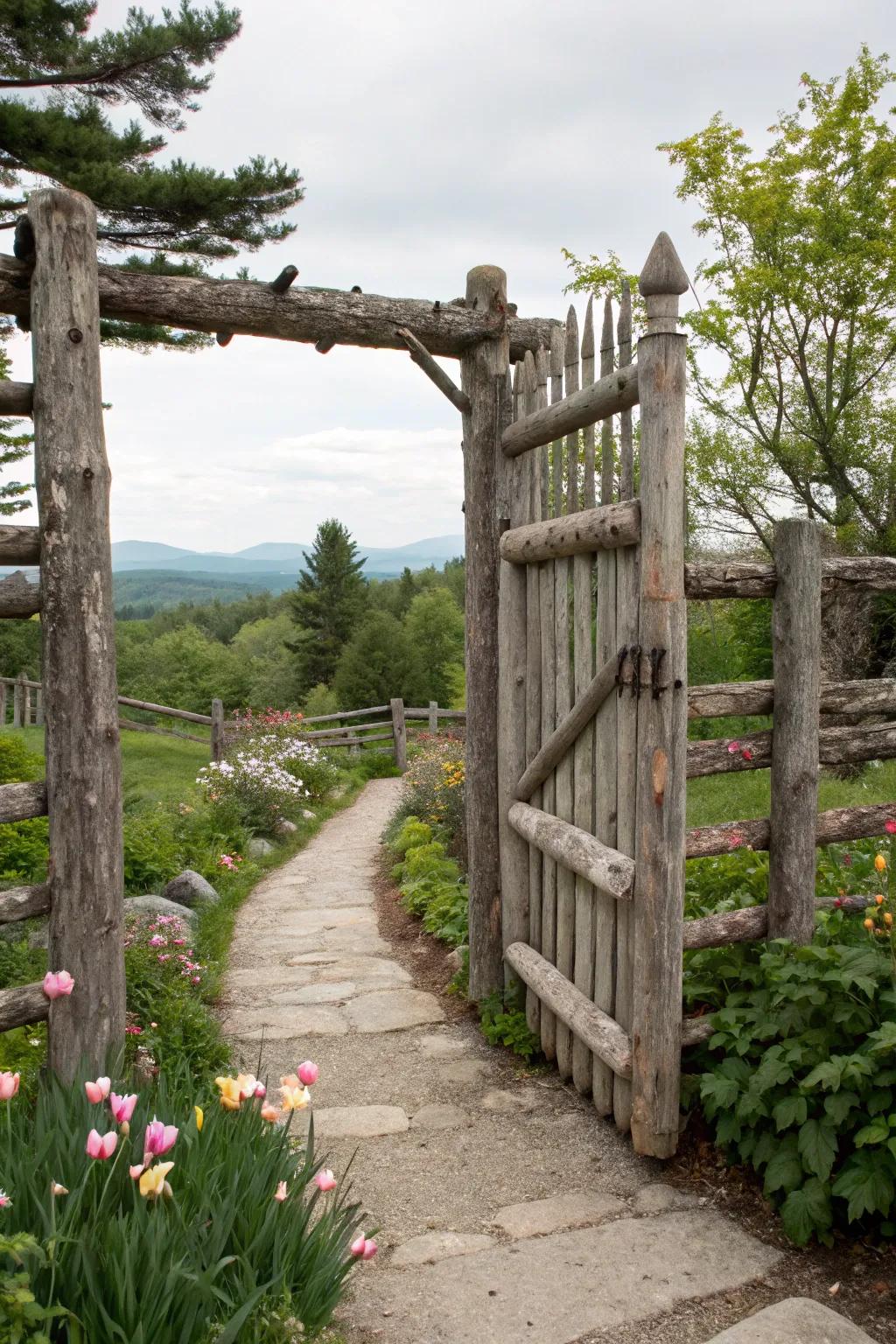 A rustic log gate serves as an inviting entryway to a garden path.