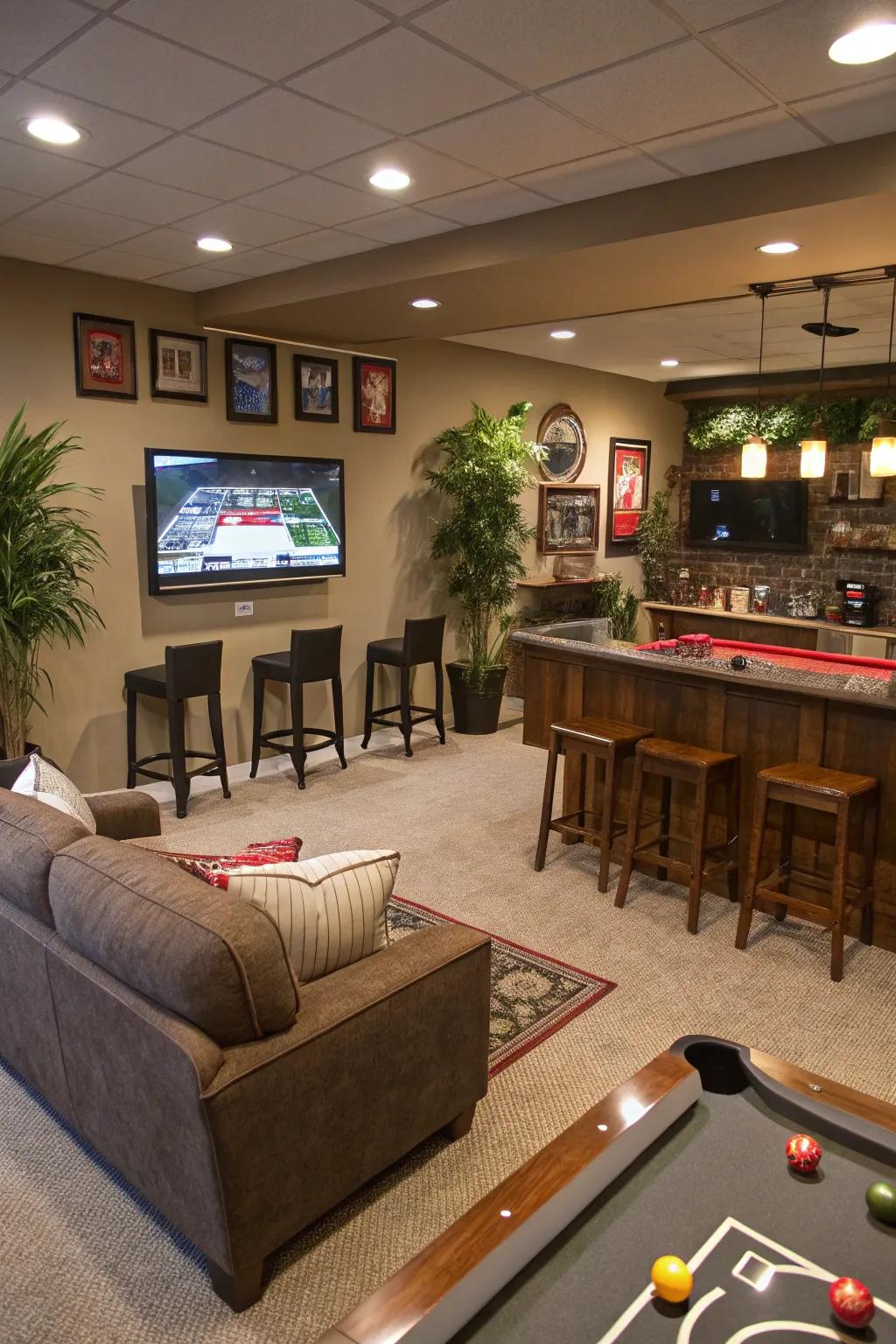 An open floorplan crafts a spacious and functional man cave.