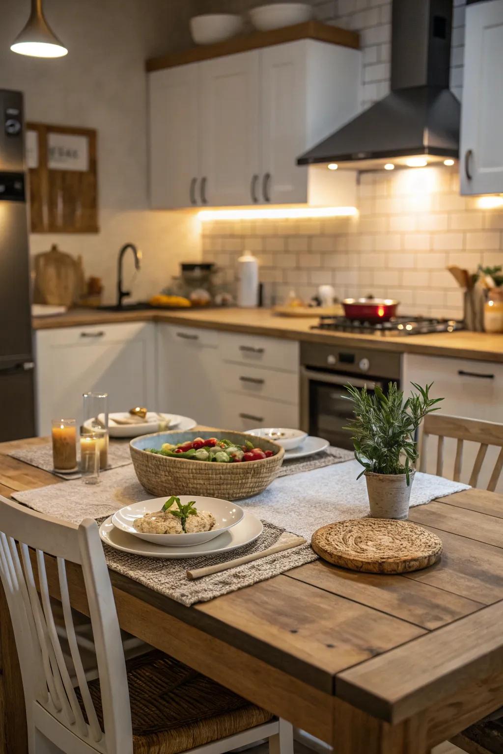 An informal eating space fosters a welcoming atmosphere in the kitchen.