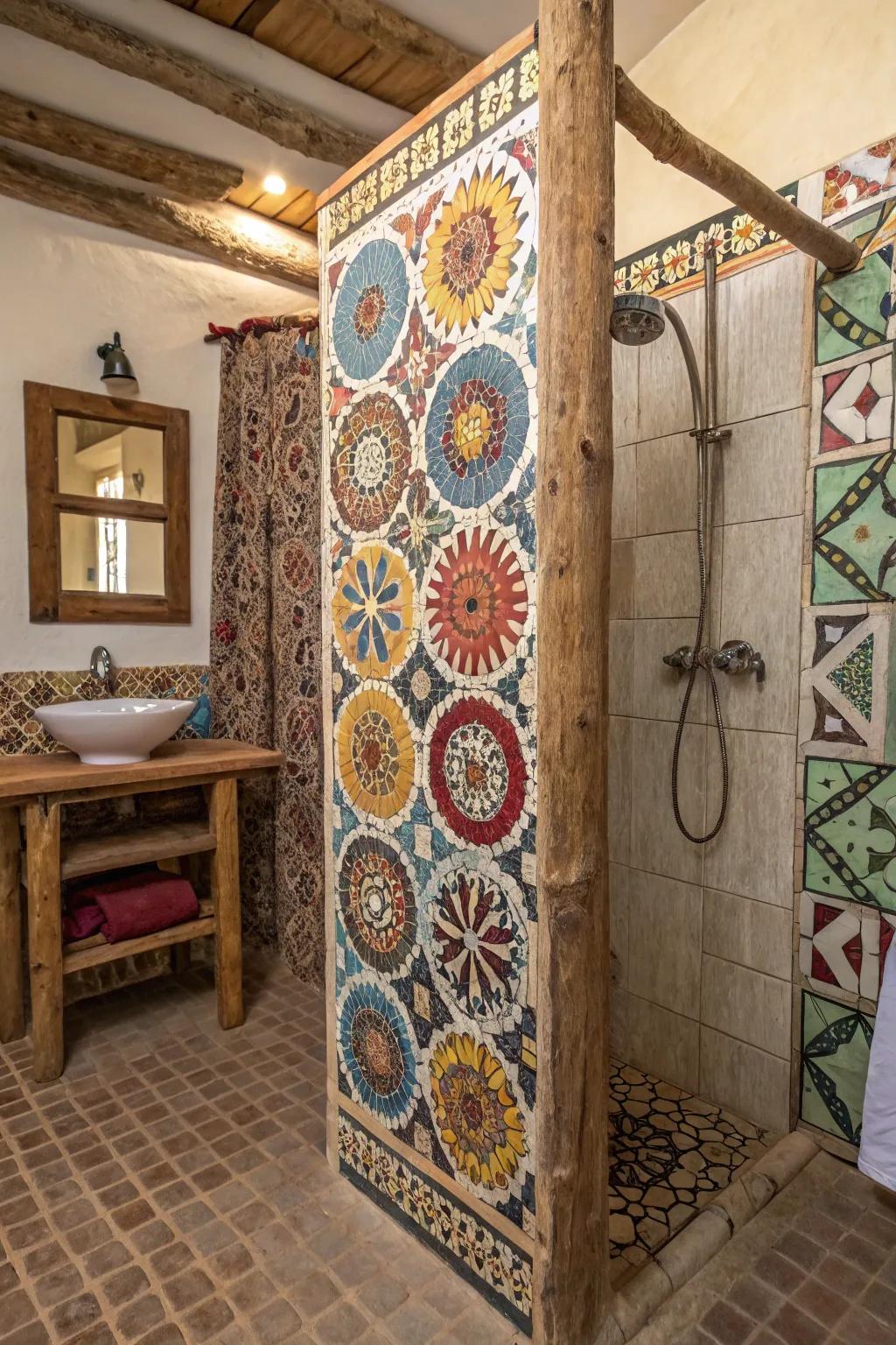 A weathered shower emphasizing mosaic block designs, deliberately chosen to amplify both hue and complexity.