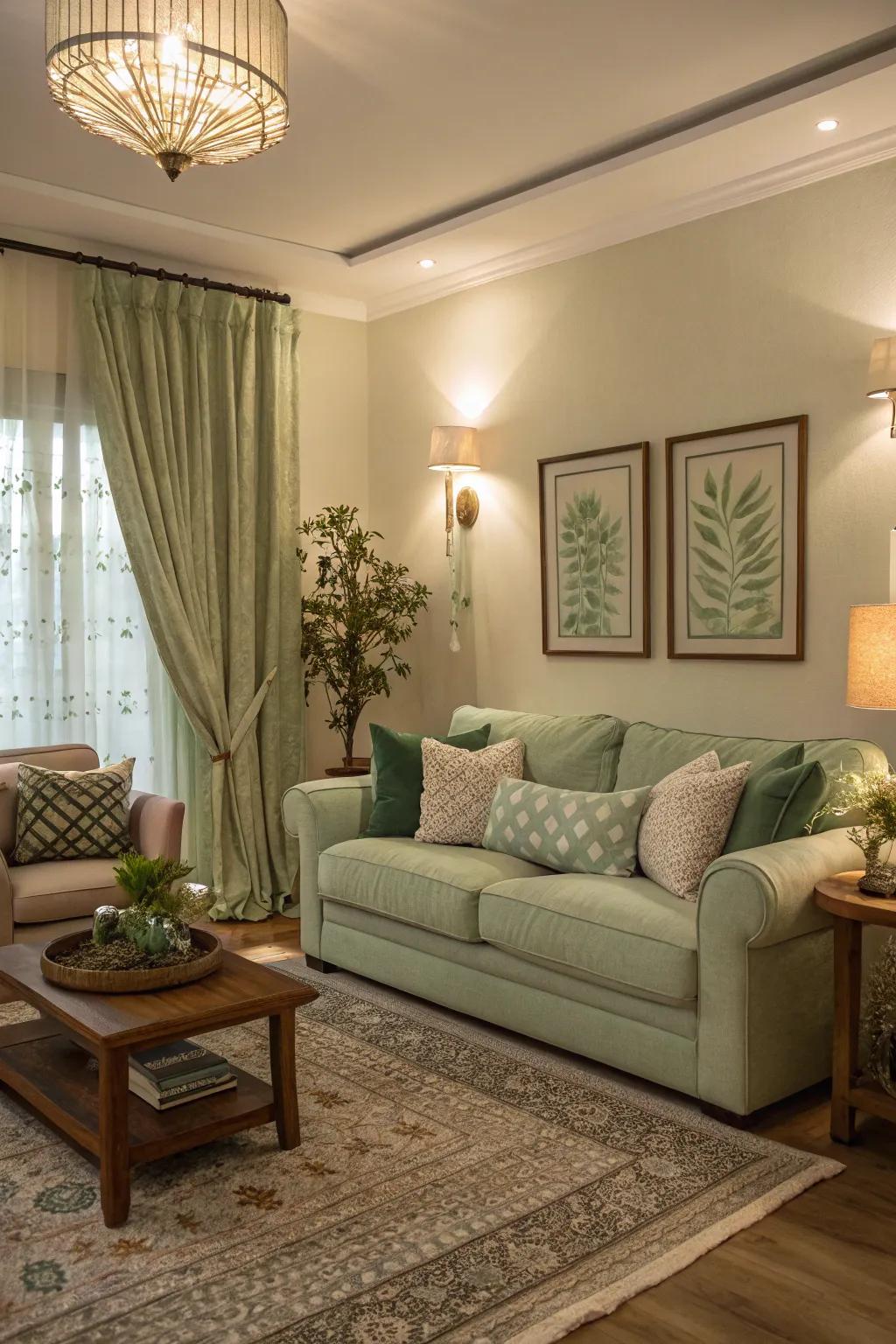 Soft lighting creates a warm, welcoming aura in a sage green room.