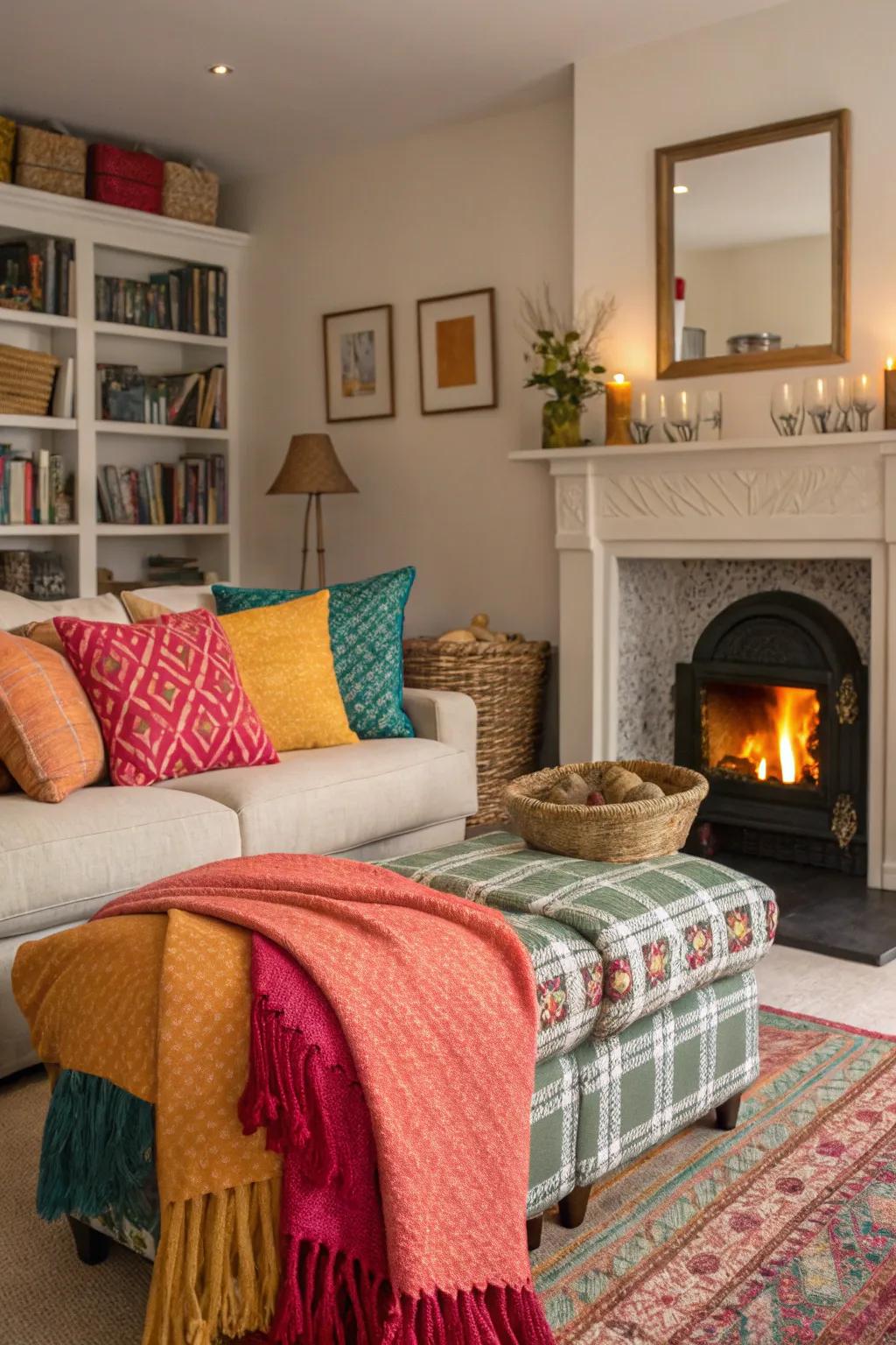 Throws and cushions add comfort and a splash of color to the fireplace area.