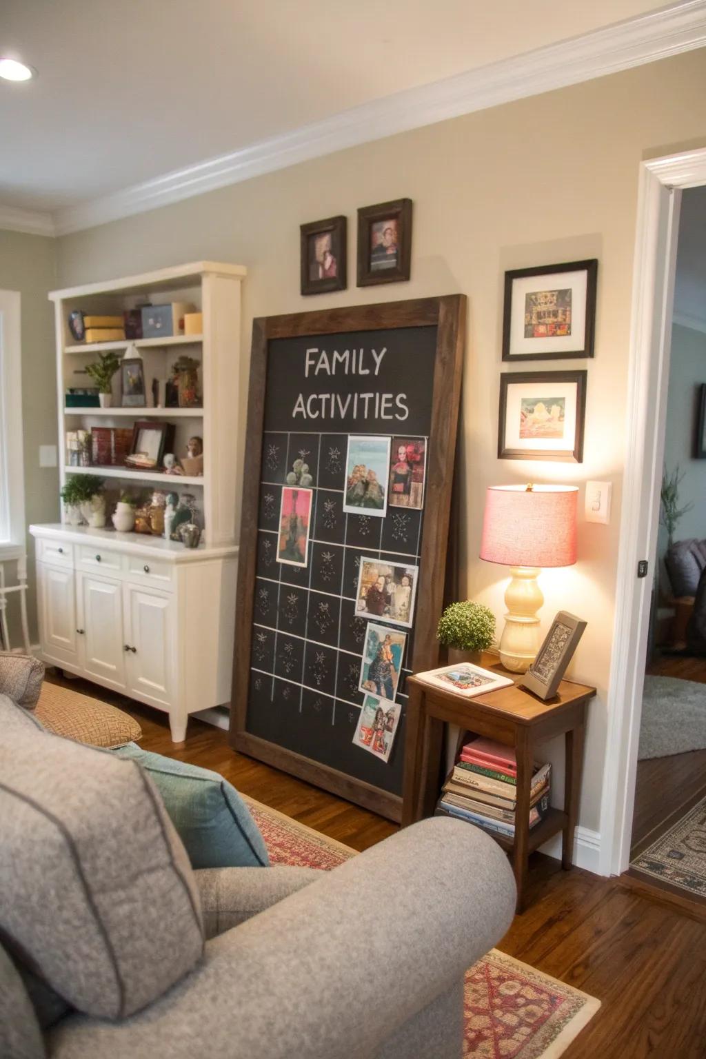 A family room featuring a chalkboard coordinator for organizing family activities.