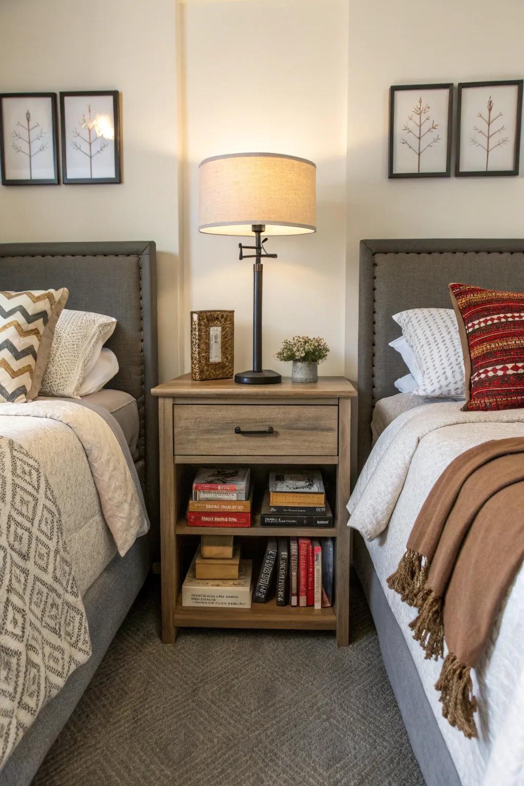 A shared nightstand subtly divides and unites the room.