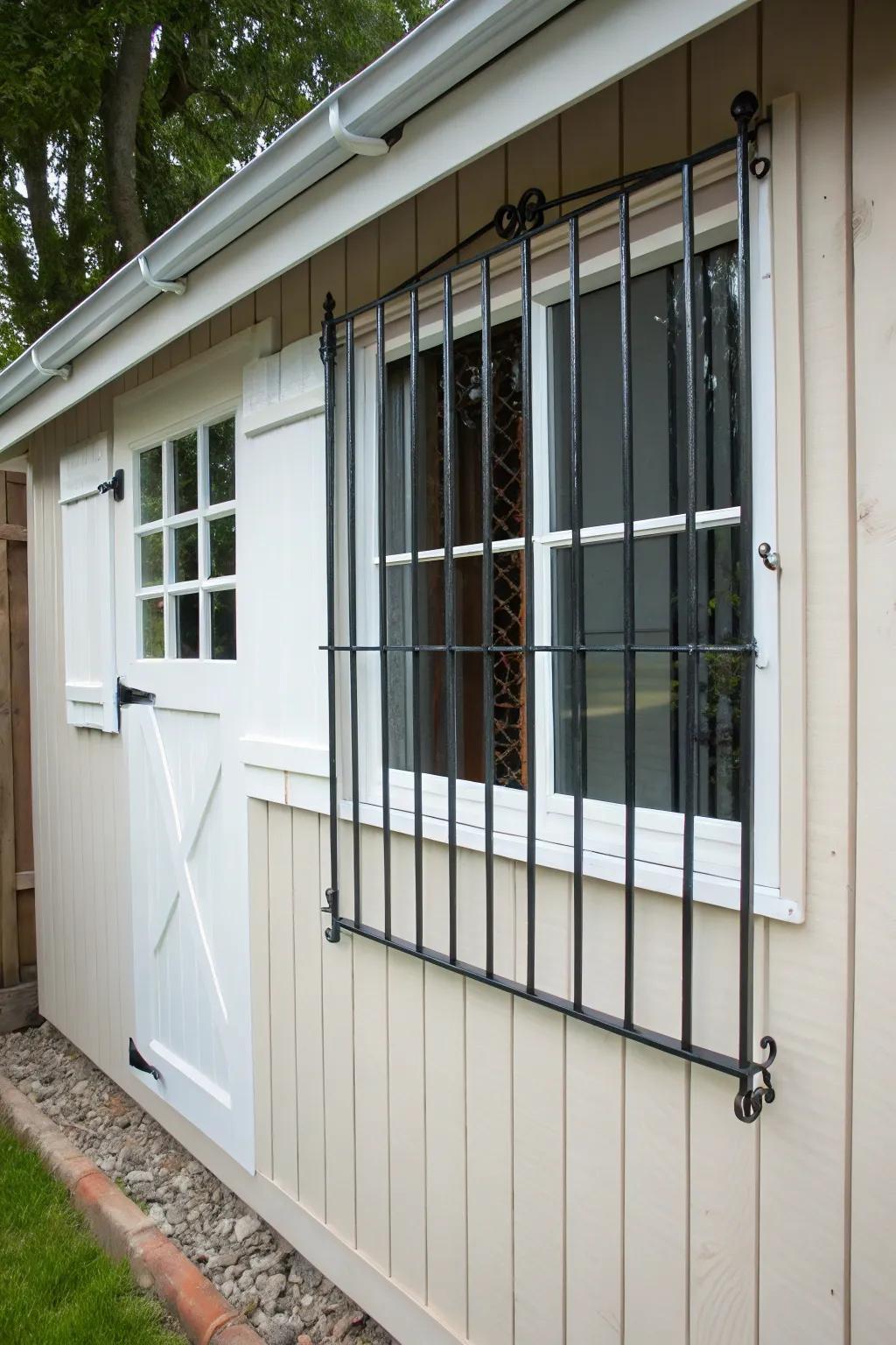 Security grilles reinforce a shed window, blending protection with aesthetics.