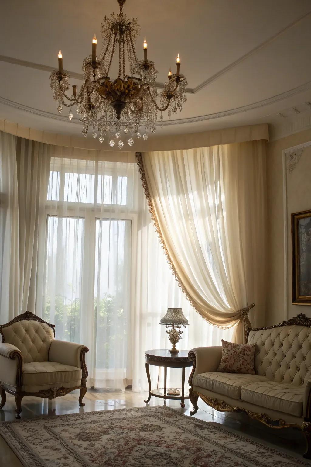 A mix of informal sheers and formal design features crafts a harmonious and sophisticated aesthetic.