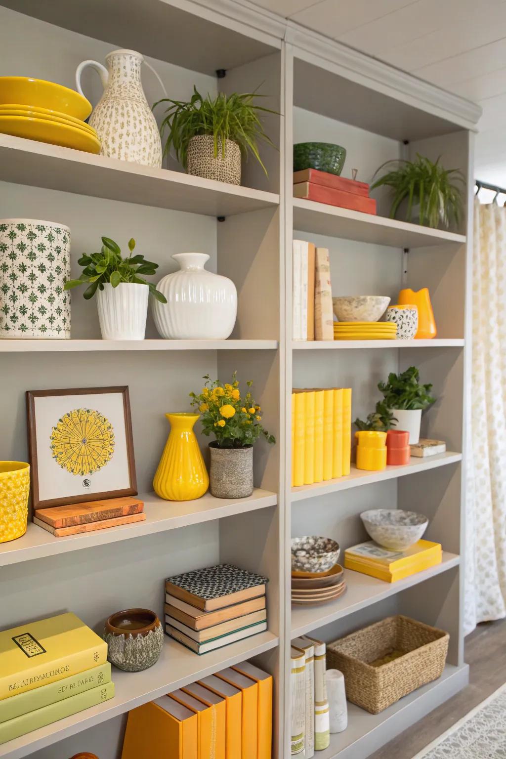 Shelves combining muted tones with vivid ornamental accents.