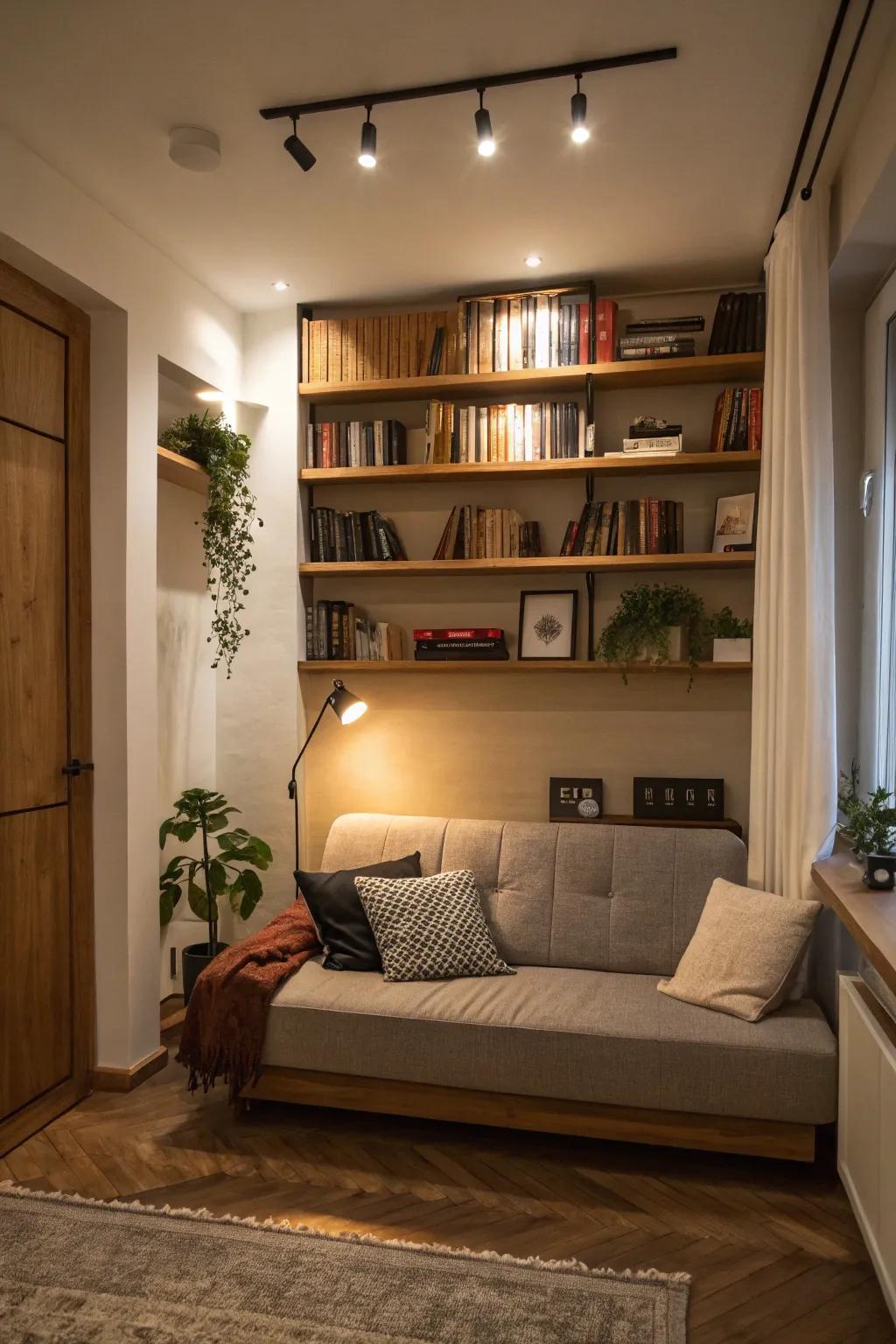 Slim shelves are best for small spaces.