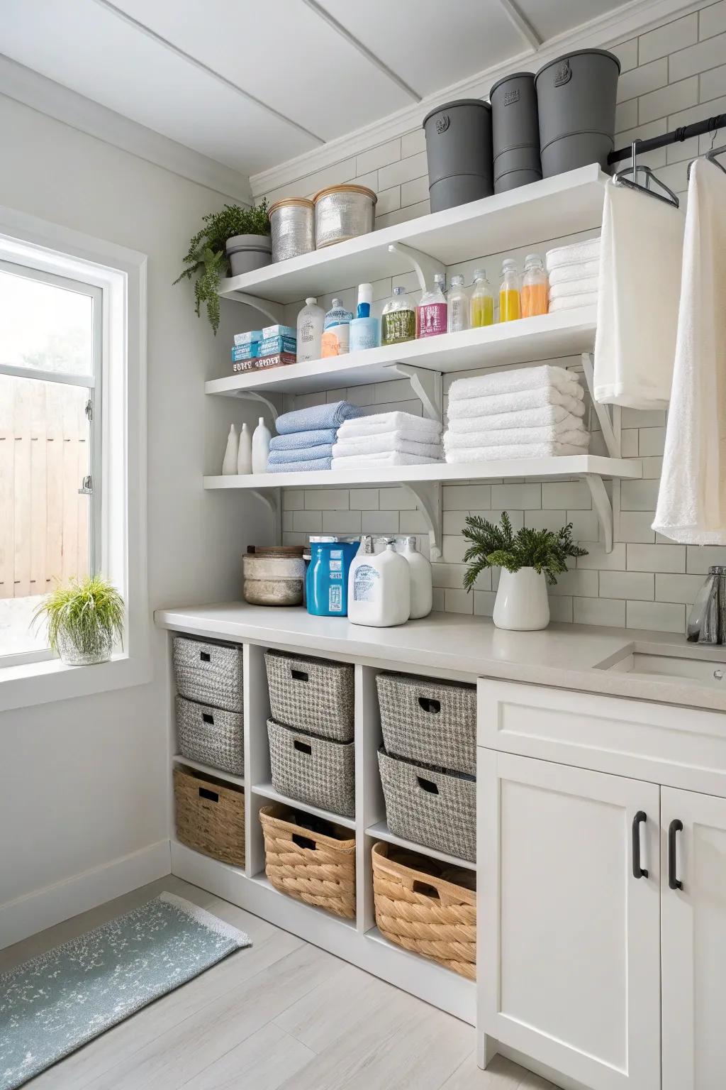 Modern floating shelves in a utility area offer a stylish and functional storage option.