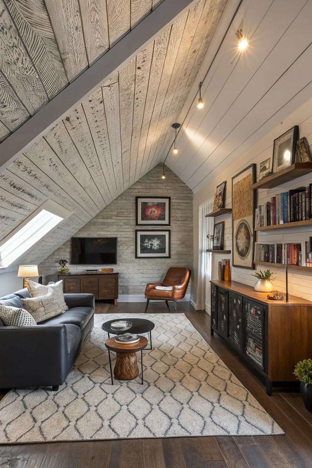 A dynamic ceiling showcasing layered shiplap patterns.