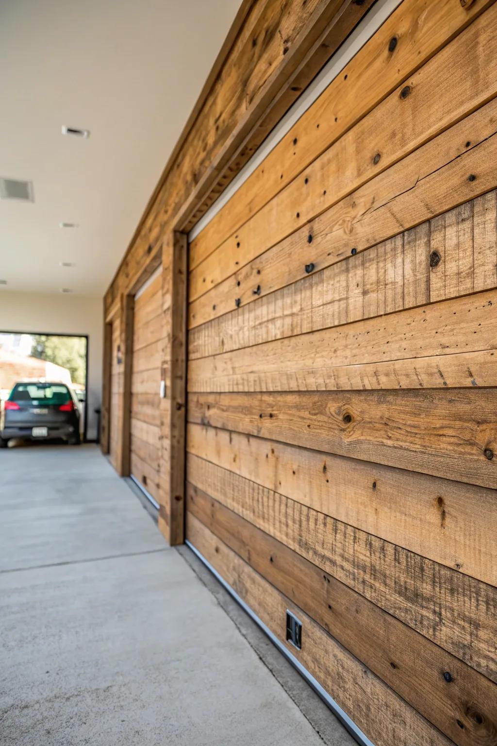 A garage wall featuring rustic reclaimed wood paneling.