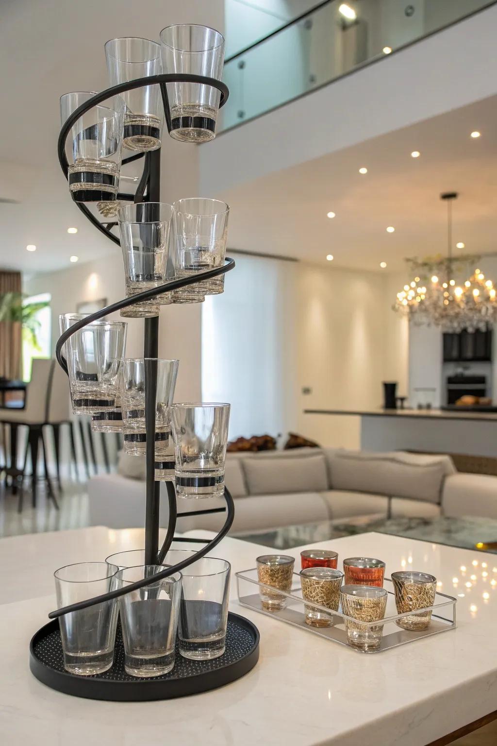 A modern dwelling showcasing a helical shot glass presentation, affording perspectives from a multitude of angles.