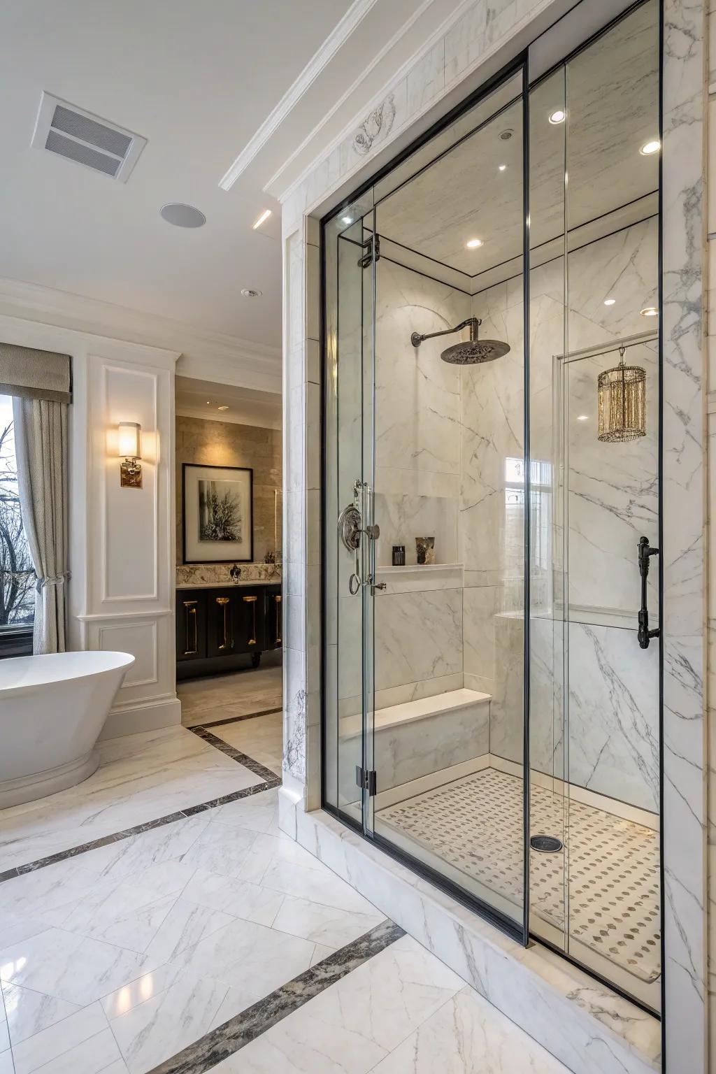 Marble details exude timeless luxury in this elegant shower.