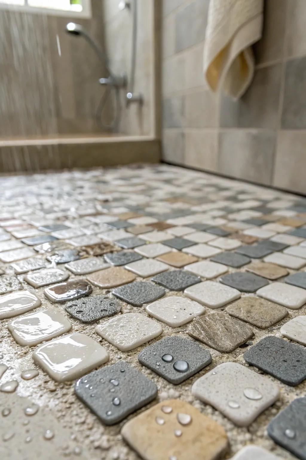 Mixed materials add depth and feel to your shower floor design.
