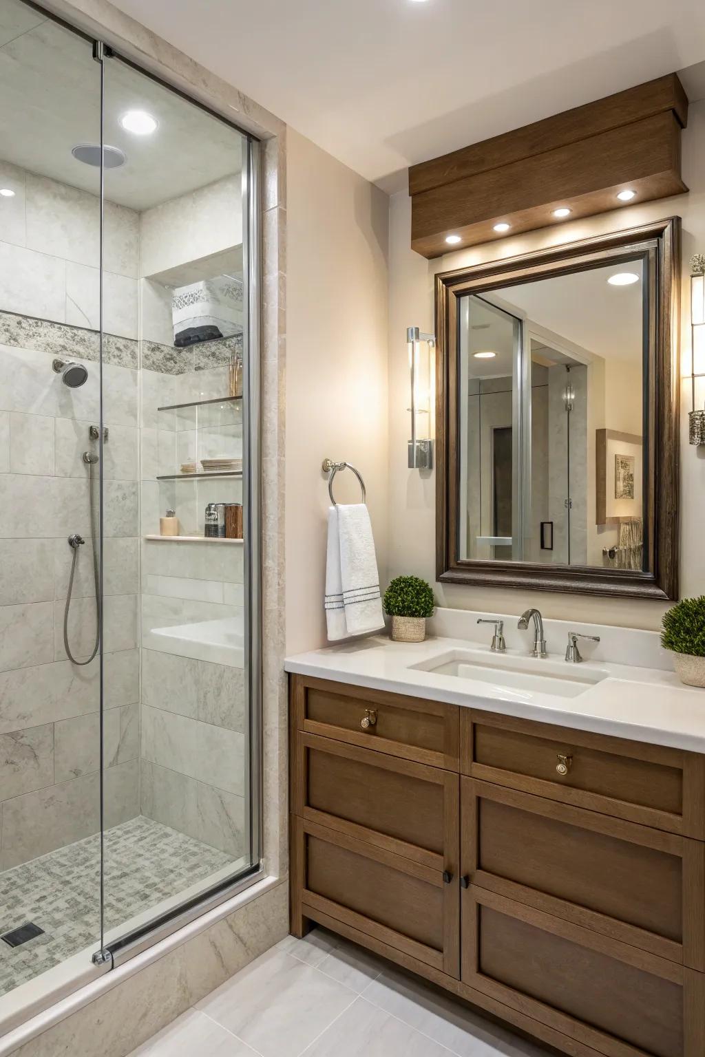 Integrated mirror inside a shower recess that promotes practicality and style
