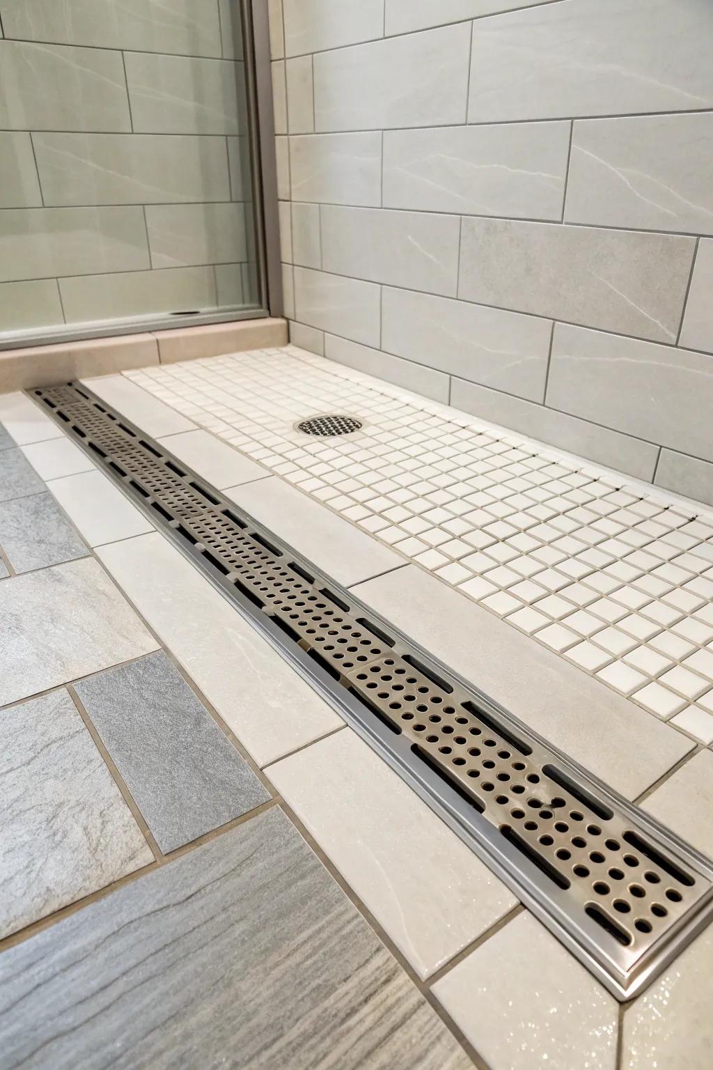 A sleek straight drain seamlessly put into a modern unit design on the shower pan.