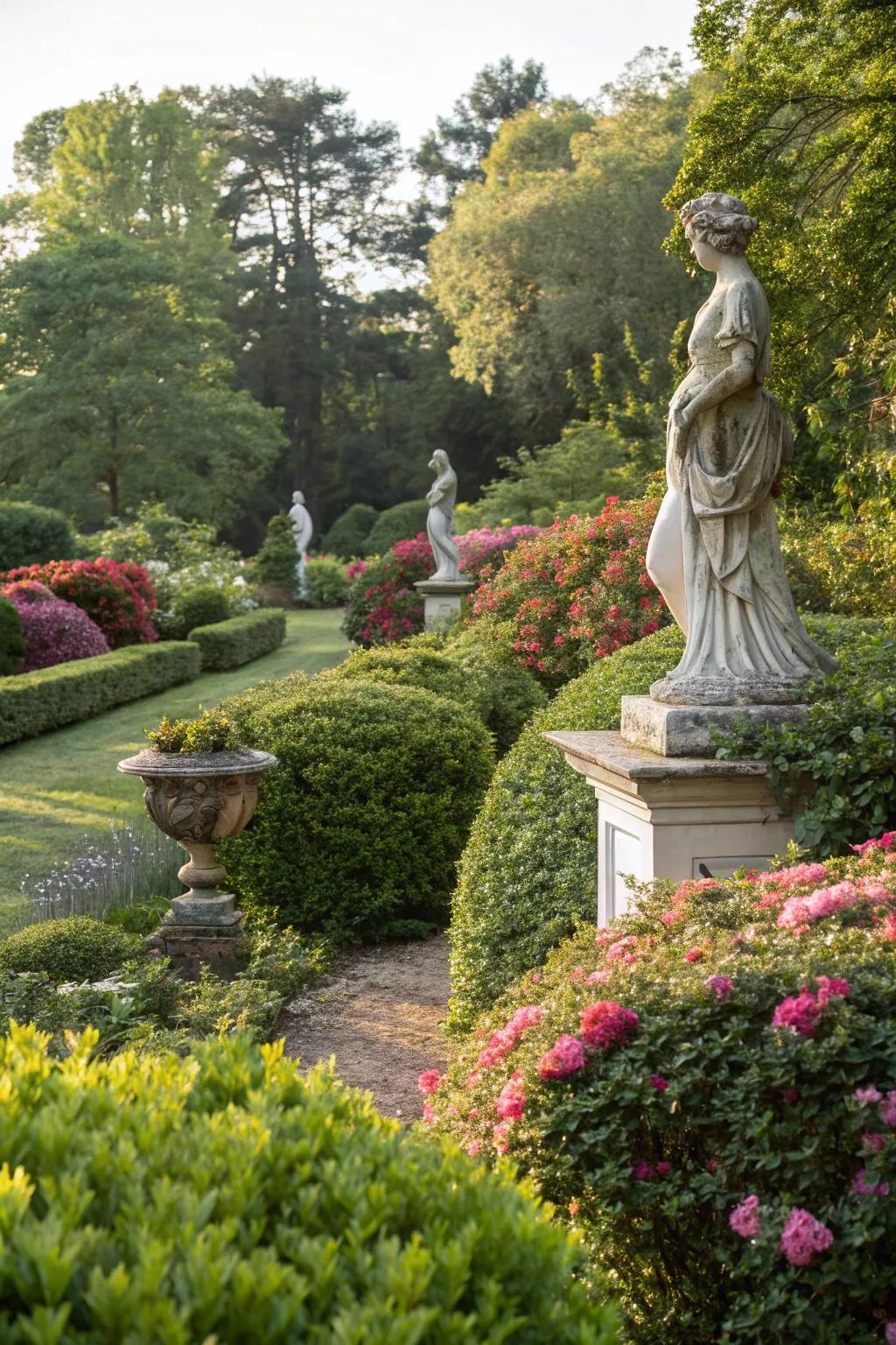 Artistic sculptures function as captivating focal points, enhancing the ambiance of the garden.