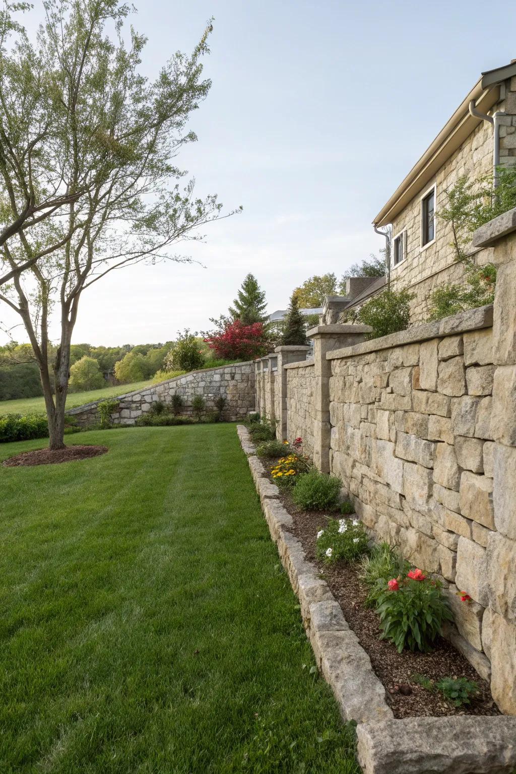 Elegant side yard featuring a natural stone wall.