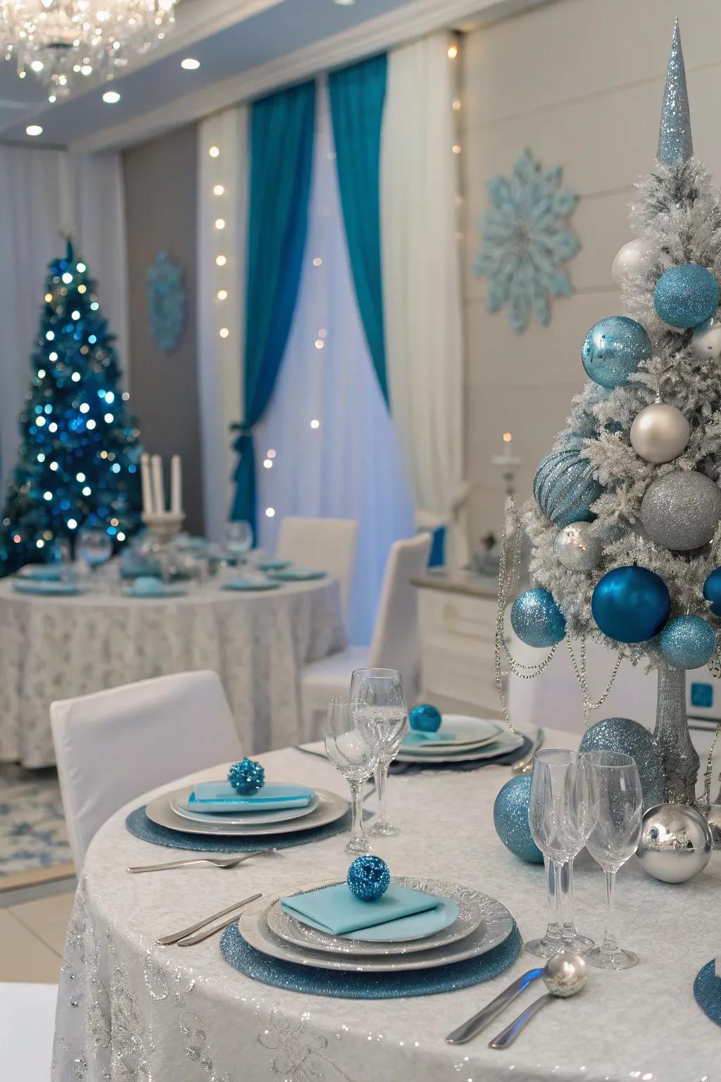 Silver and azure pairings cultivate a serene holiday atmosphere.