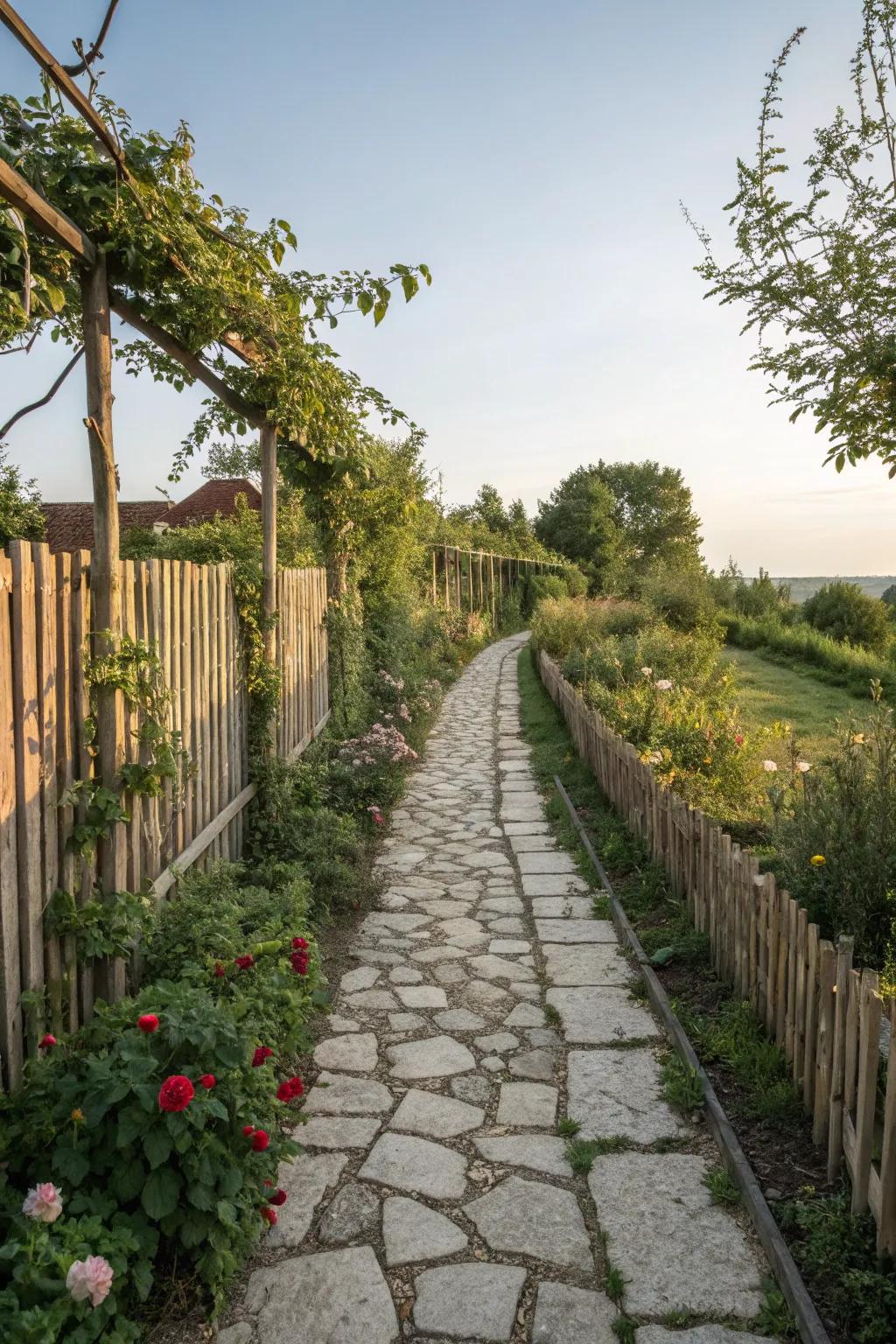 Stone walkways add sophistication and functionality to fence line landscapes.